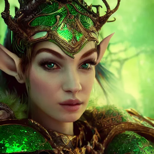 Image similar to portrait elf warrior in the forest, glowing, ornate and intricate green armour, jaw dropping beauty, glowing background lighting, green accent lighting, hyper detailed, fairy tale, 4 k octane render