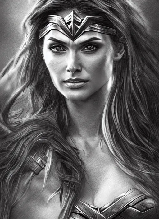 Image similar to realistic portrait pencil sketch of wonder woman, old mystic ruins, afternoon, intricate, elegant, highly detailed, digital painting, sharp, focus, by artgerm and greg rutkowski