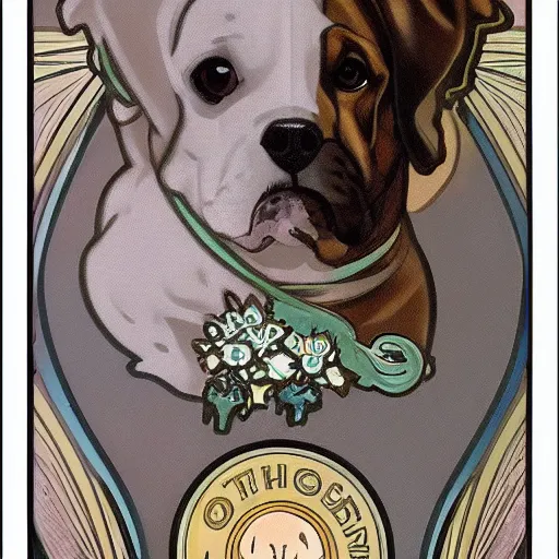 Image similar to a cute dog in the style of alphonse mucha