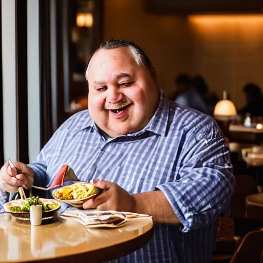 Image similar to closeup portrait of fat wealthy man eating dollar bills at a new york restaurant , by Steve McCurry and David Lazar, natural light, detailed face, CANON Eos C300, ƒ1.8, 35mm, 8K, medium-format print