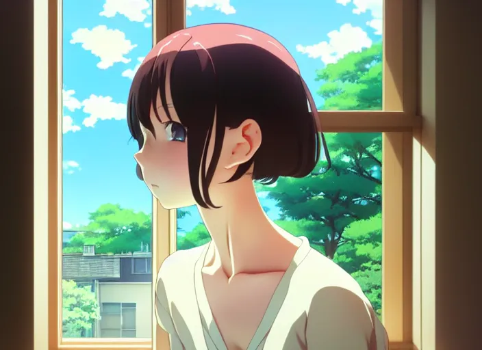 Prompt: anime film still portrait of a young woman looking at her kitchen window, cute face by ilya kuvshinov, yoshinari yoh, makoto shinkai, katsura masakazu, dynamic perspective pose, detailed facial features, kyoani, rounded eyes, crisp and sharp, cel shad, anime poster, ambient light