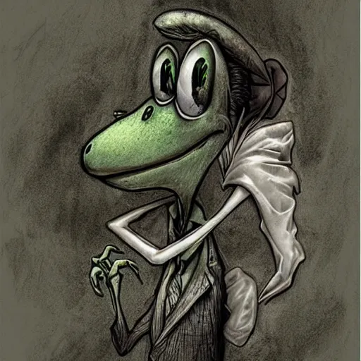 Image similar to michael karcz grunge cartoon drawing of kermit the frog. , in the style of corpse bride, loony toons style, horror themed, detailed, elegant, intricate