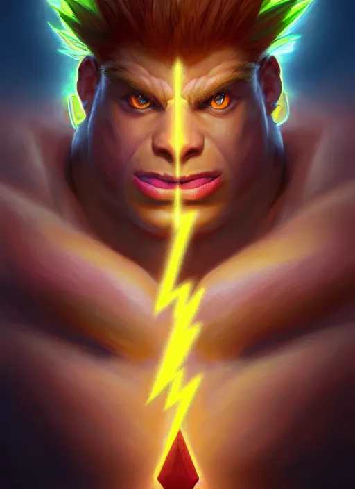 Image similar to symmetry!! portrait of blanka with lightning, street fighter, global illumination!! intricate, elegant, highly detailed, digital painting, artstation, concept art, smooth, sharp focus, illustration, art by artgerm and greg rutkowski and alphonse mucha