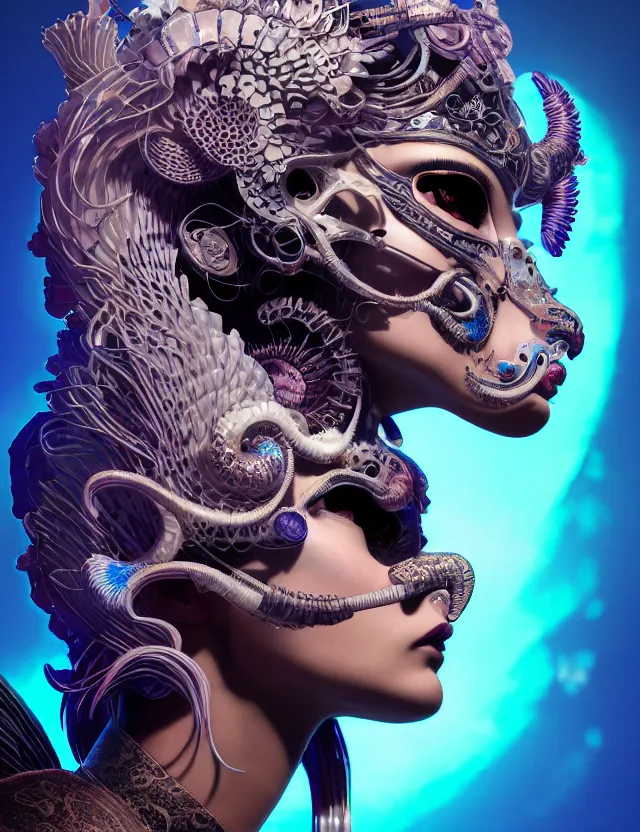 Image similar to 3 d goddess close - up profile portrait cyberpunk with ram skull. beautiful intricately detailed japanese crow kitsune mask and clasical japanese kimono. betta fish, jellyfish phoenix, bio luminescent, plasma, ice, water, wind, creature, artwork by tooth wu and wlop and beeple and greg rutkowski