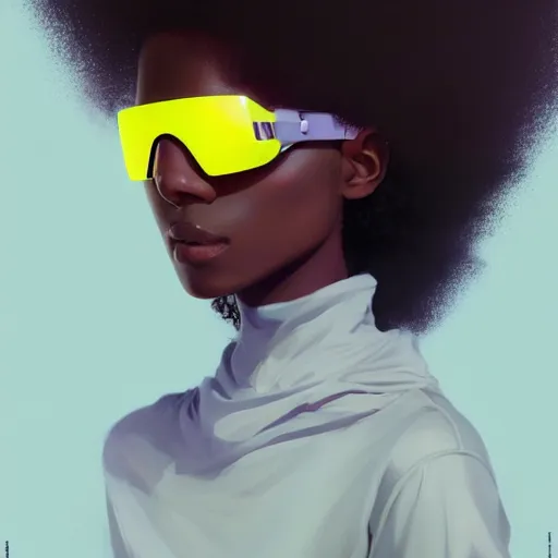 Image similar to Beautiful woman wearing opaque reflective goggles profile picture by Greg Rutkowski, brown skin, long afro hair, asymmetrical, futuristic, cool colors, streetwear, studio ghibli, Organic Painting , Matte Painting, geometric shapes, hard edges, street art, trending on the artstation, fantasy LUT, realistic by Sachin Teng,