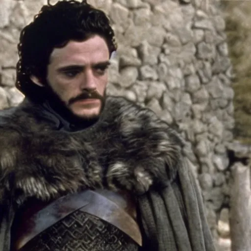 Image similar to still from old 70's movie Game of Thrones (1972) actor playing Robb Stark