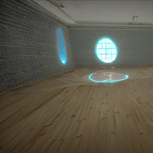 Prompt: a room, there are 3 giant holes in the floor. each has a different color. unreal engine
