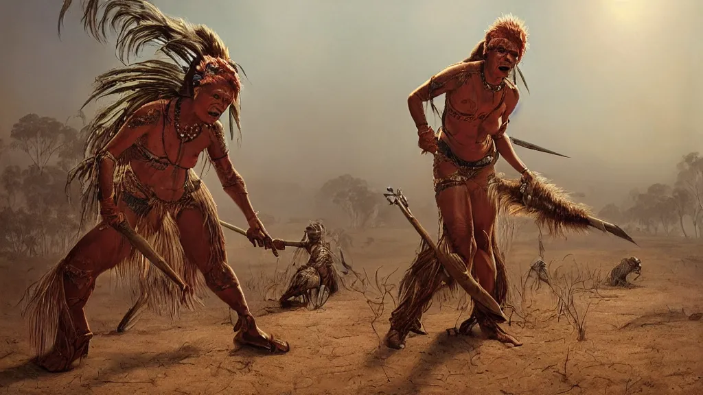 Prompt: Pauline Hanson, dressed as an Australian Aboriginal, with a spear in her hand, by Moebius and Giger, greg rutkowski, very coherent, cinematic, hyper realism, high detail, vivid colors, octane render, unreal engine, 8k, Smooth gradients, High contrast, depth of field by Jacek Yerka