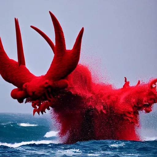 Image similar to a devilish red monster with horns emerging from boiling rough seas, photo by david lachapelle, s - 5 0