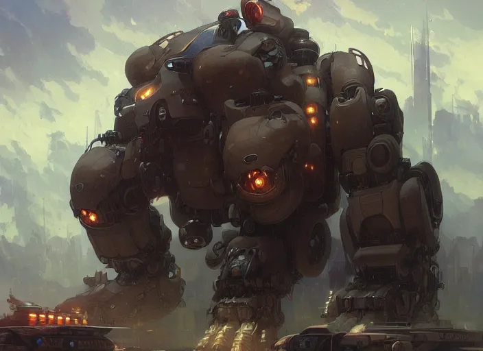 Image similar to a giant bear with a giant proton cannon in the back, a fusion between a bear and a mecha, elegant, technology, highly detailed, digital painting, artstation, concept art, smooth, sharp focus, illustration, art by krenz cushart and artem demura and alphonse mucha