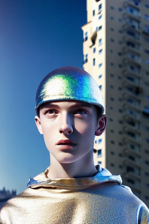 Image similar to un ultra high definition studio quality photographic art portrait of a young man standing on the rooftop of a british apartment building wearing soft padded silver pearlescent clothing. three point light. extremely detailed. golden ratio, ray tracing, volumetric light, shallow depth of field. set dressed.