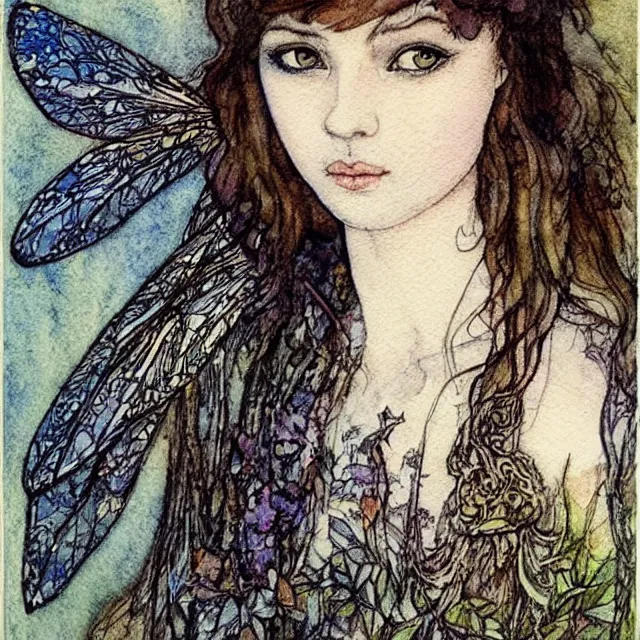 Prompt: a detailed, intricate watercolor and ink portrait illustration with fine lines of young 1 4 year old scarlett johannson as a fairy with dragonfly wings wearing a peasant dress, by arthur rackham and edmund dulac and lisbeth zwerger