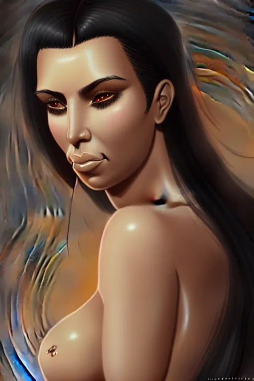 Image similar to a demonic horrific portrait of kim kardashian, white eyes, bored, illustration, soft lighting, soft details, painting oil on canvas by edmund blair leighton and charlie bowater octane render, hdr, trending on artstation, 4 k, 8 k, hd