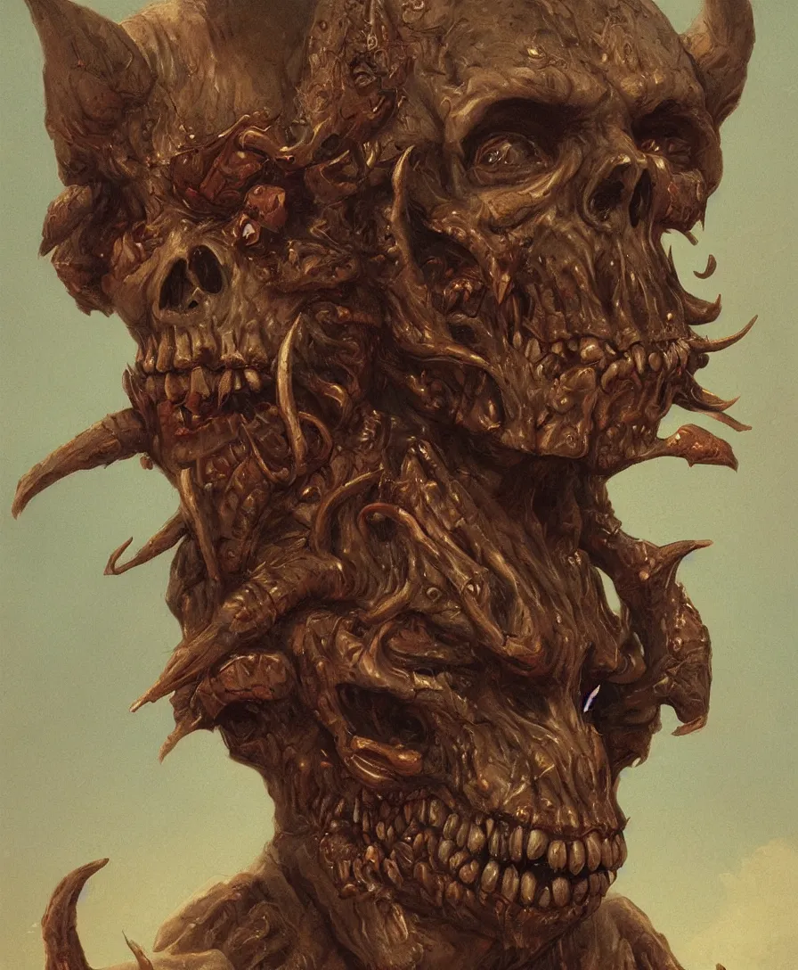 Prompt: bust portrait close up devil with skull on hand, illustrated by Simon Stålenhag and Gaston Bussiere, intricate, ultra detailed, photorealistic, trending on artstation