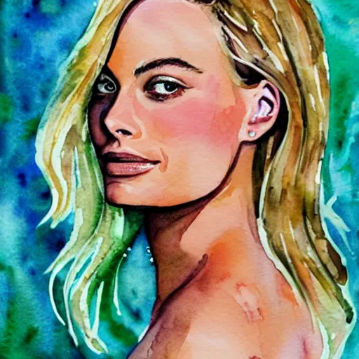 Prompt: watercolor of margot robbie