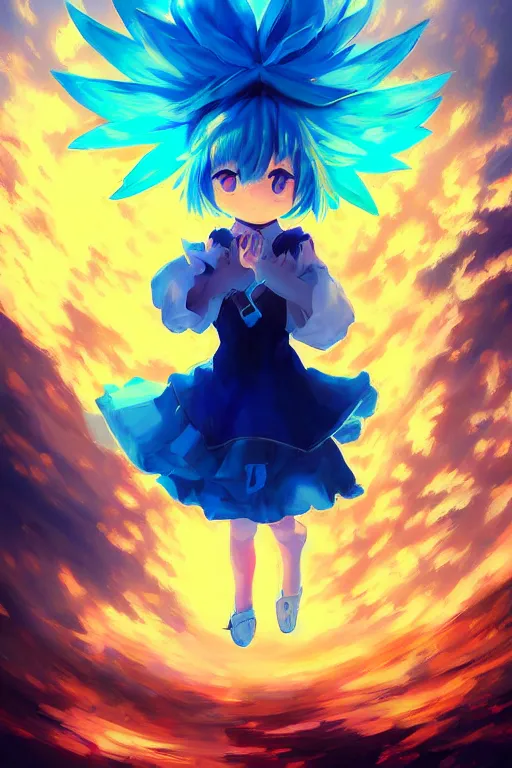 Image similar to cirno from touhou, by ross tran, background by alena aenami and by greg rutkowski, oil on canvas