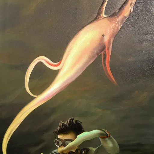 Prompt: oil painting of a squid swimming through the ocean with a diver as he reaches out, curiosity, discovery, deep sea, beautiful