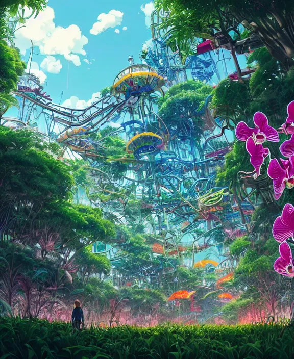Image similar to simplicity, an amusement park made out of predatory organic creatures, in the style of an asymmetrical spaceship, overgrown with orchids, partly cloudy, sun - drenched, by dan mumford, yusuke murata, makoto shinkai, ross tran, cinematic, unreal engine, cel shaded, featured on artstation, pixiv