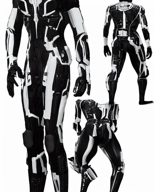 Prompt: black and white cyberpunk spiderman suit sleek greeble suit