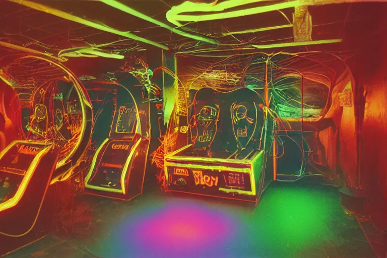 Image similar to giant screaming metallic skull inside of a 1970s videogame arcade, neon lights, dirty, ektachrome photograph, volumetric lighting, f8 aperture, cinematic Eastman 5384 film