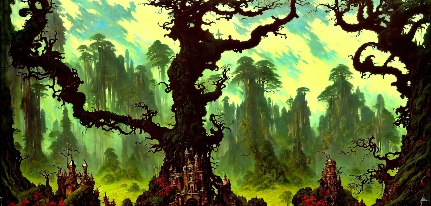 Image similar to exquisite imaginative fantasy landscape lush forests, moody sky, gnarly trees, with steampunk castles movie poster by : : norman rockwell, sargent, james gurney weta studio, trending on artstation james jean frank frazetta