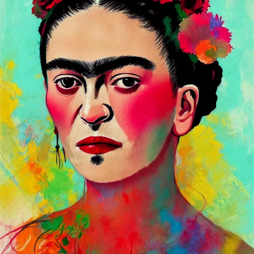 Prompt: close up portrait painting of a youthful frida kahlo, concept art, intricate details, aesthetically pleasing pastel colors, art by conrad roset, impressionism, portrait