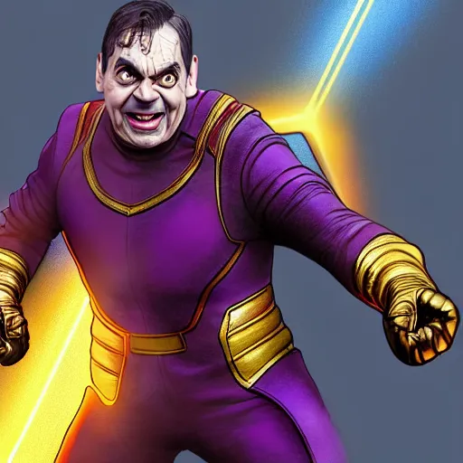 Image similar to mr. bean as thanos from the avengers movie. highly detailed digital painting, movie still. cinematic lighting.! dream mr. bean as thanos from the avengers movie. movie still. cinematic lighting.