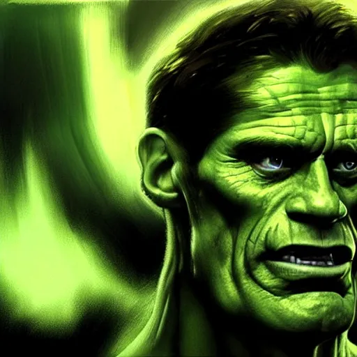 Prompt: willem defoe transforming into the hulk, cinematic shot, painting by jama jurabaev, extremely detailed, brush hard, artstation, high quality, brush stroke