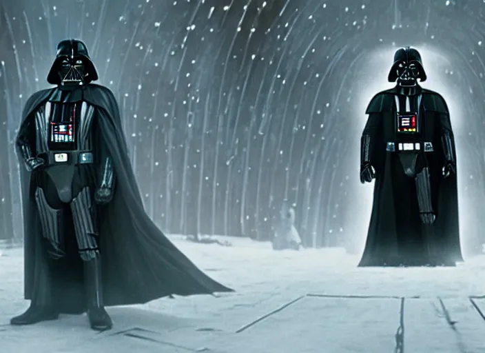 Image similar to film still of Darth Vader goes to the mall at Christmas time in the new Star Wars movie, 4k