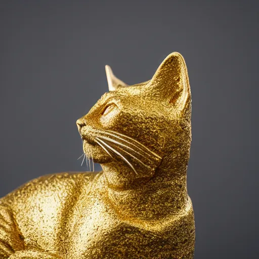 Prompt: A realistic sculpture of a regal cat made of gold, fine detail, hyperrealistic, XF IQ4, f/1.4, ISO 200, 1/160s, 8K, RAW, unedited, in-frame, sharpened