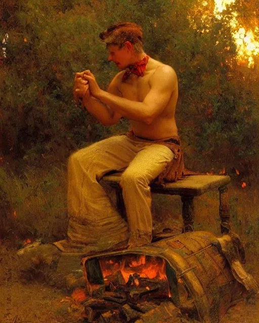 Image similar to very very attractive man counts the stars from beside the fire, his tent is nearby, melancholy, nostalgia, painting by gaston bussiere, craig mullins, j. c. leyendecker