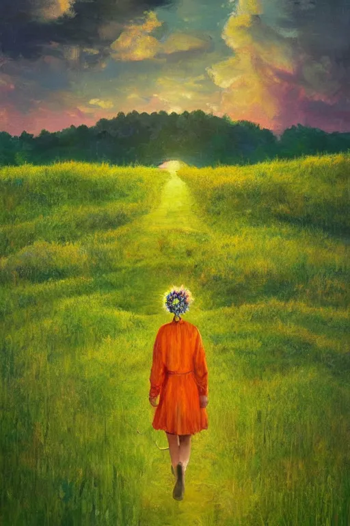 Image similar to giant corn flower head, girl walking in a green valley, surreal photography, sunrise, dramatic light, impressionist painting, colorful clouds, digital painting, artstation, simon stalenhag