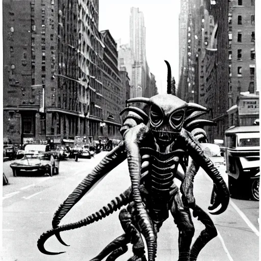 Image similar to old black and white photo, 1 9 1 3, depicting a xenomorph from the movie aliens rampaging through the bustling streets of new york city, historical record