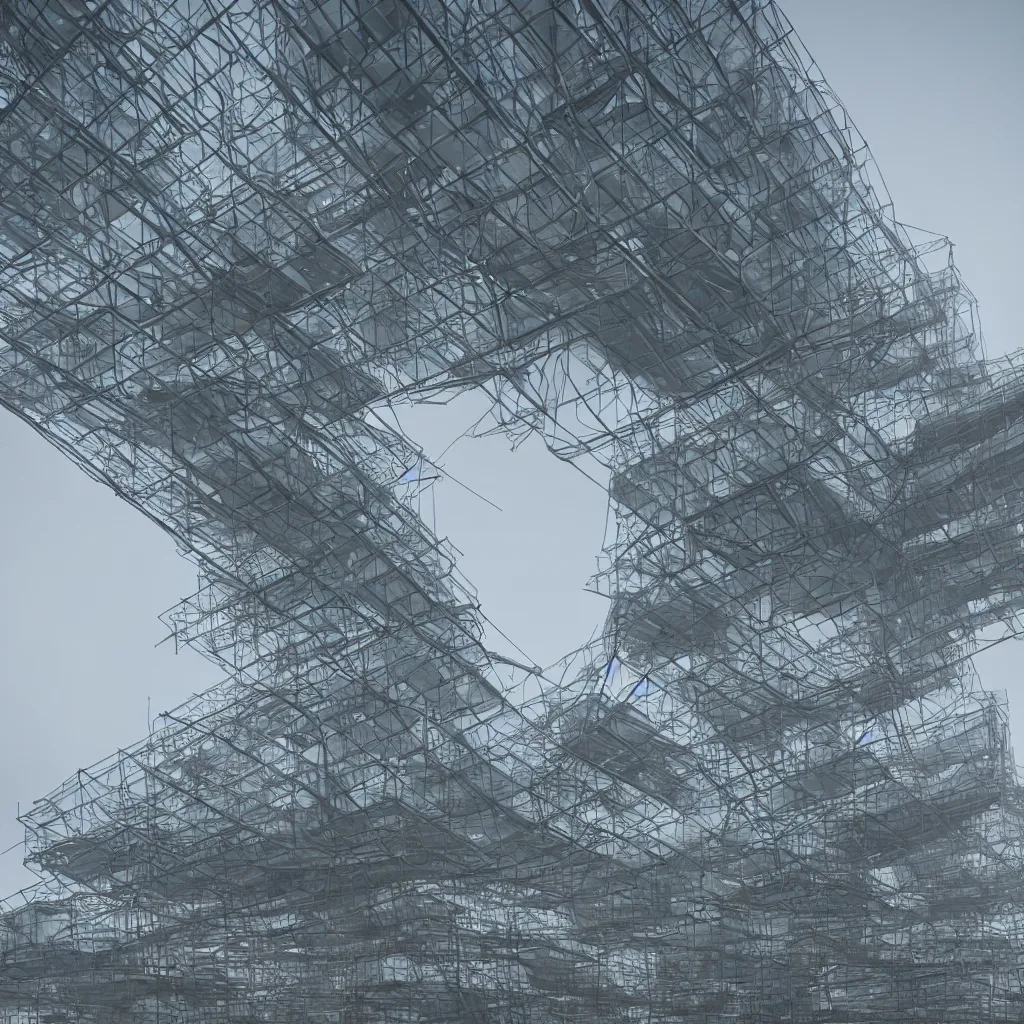 Image similar to Dreamt in `205.31s` for `!dream The metal tube house like Pompidou center by Renzo piano, architecture design, foggy, organic form, foggy, environment, Cinematography, mega scans, sloped site, cinematic, hyper realistic, photo real, cinematic composition, highly detailed, vray, 8k render