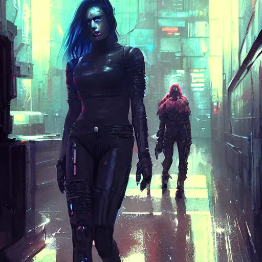 Image similar to cyberpunk razorgirl, pavewalk, scifi, megacity background, neuromancer, dramatic lighting, painted by raymond swanland, painted by greg rutkowski, painted by jeremy mann, painted by artgerm, painted by igor kieryluk, trending on artstation