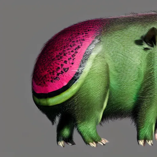 Prompt: Photorealistic boar that's textured and colored like a watermelon, Hyperdetailed, 108 megapixels, artstation concept art