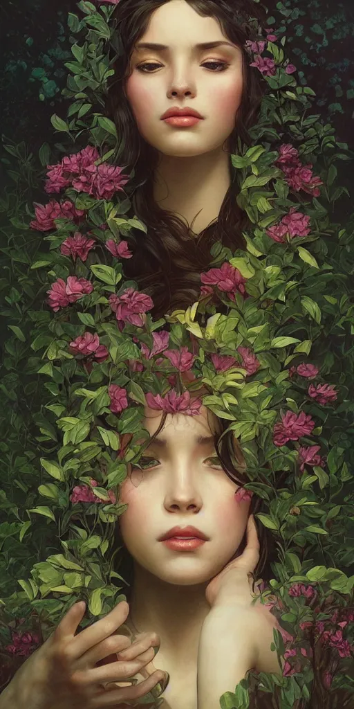 Prompt: surreal beautiful young woman, sitting with flowers, detailed gorgeous face turning into a tree, leaves, dark, ominous, sad eyes, vaporwave aesthetic, synthwave , digital painting, artstation, concept art, smooth, sharp focus, illustration, art by artgerm and greg rutkowski and alphonse mucha