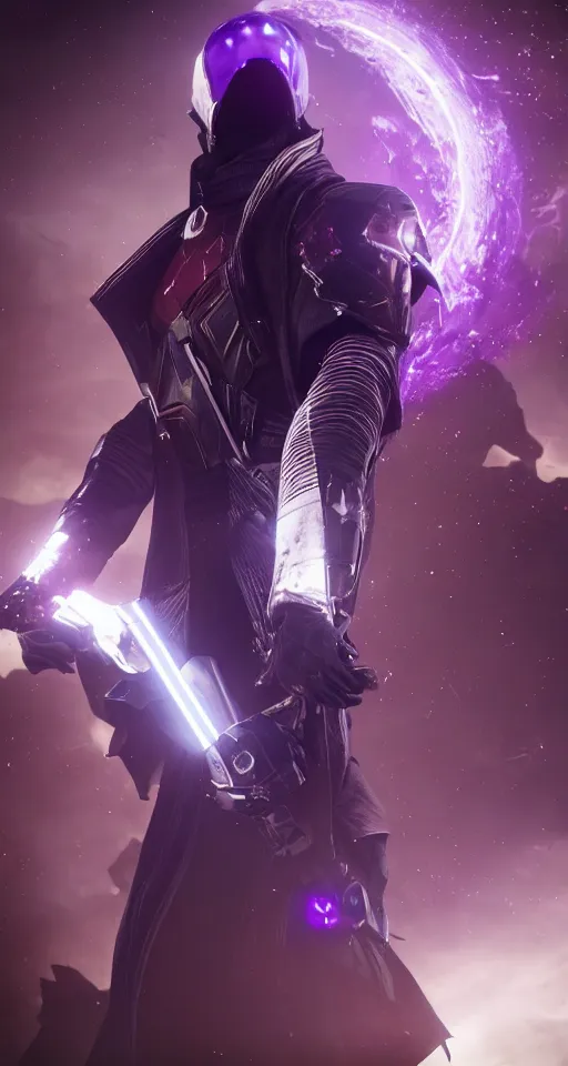 Image similar to Destiny 2 warlock portrait, head to toe, cinematic, vfx, particle lighting, purple void particles, rule of thirds, space wizard, unreal engine 5