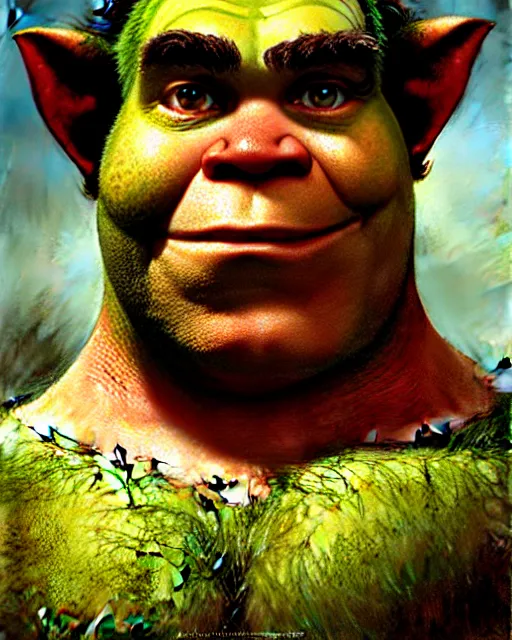 Image similar to a half body portrait of shrek, high detail, cleary see face, by gaston bussiere, bussiere rutkowski andreas rocha, bayard wu, greg rutkowski, odd nerdrum, maxim verehin, dan dos santos, masterpiece, sharp focus, cinematic lightning