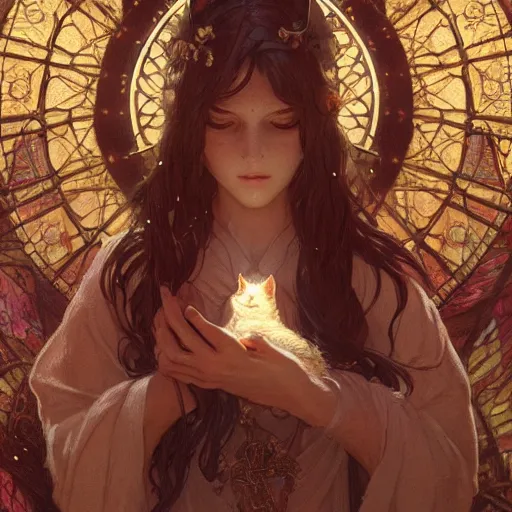 Image similar to A beautiful glowing holy cat, D&D, fantasy, intricate, cinematic lighting, highly detailed, digital painting, artstation, concept art, smooth, sharp focus, illustration, art by Akihiko Yoshida, Greg Rutkowski and Alphonse Mucha