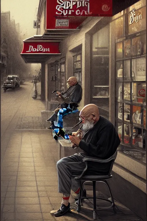 Prompt: an old man sitting in front of a barber shop, smoking a djarum super!!, intricate, elegant, highly detailed, digital painting, artstation, concept art, smooth, sharp focus, illustration, art by ortner and mike dargas and marco grassi, 8 k