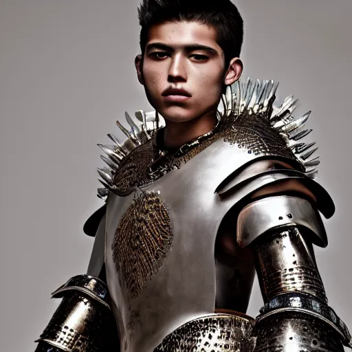 Image similar to a portrait of a beautiful young mexican male wearing an alexander mcqueen armor made of amethist , photographed by andrew thomas huang, artistic