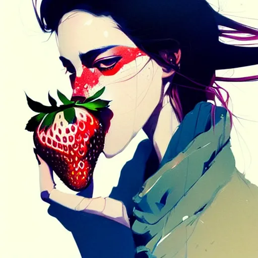 Image similar to a ultradetailed beautiful portait panting of a stylish woman with a strawberry in her mouth, by conrad roset, greg rutkowski and makoto shinkai, trending on artstation