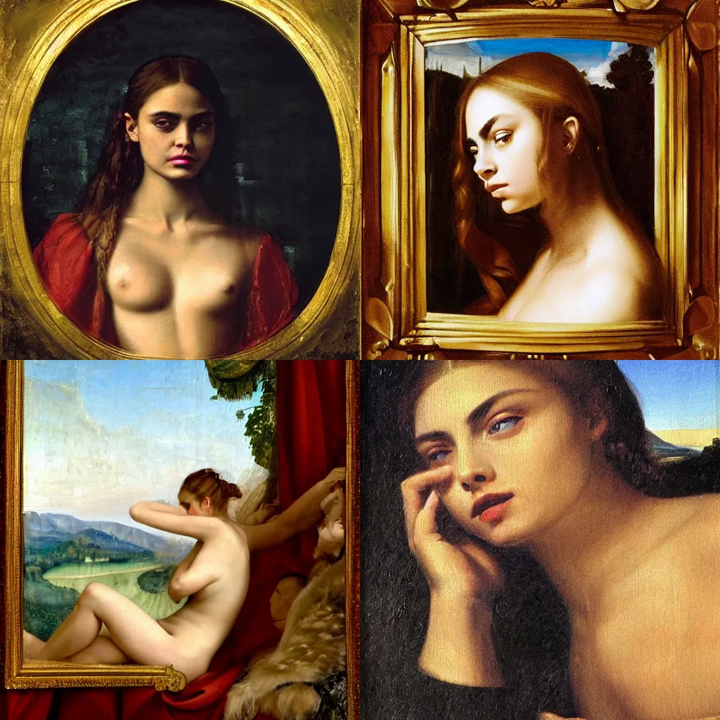 Prompt: Cara Delevigne in the painting Titian, Venus of Urbino, 1532 4k hyperrealistic fine painting smooth very very beautiful face and full body laying in a blood red pool of water between a bright golden glowing mirror frame, outside is space and inside the mirror frame is a beautiful landscape. Hyperrealistic surreal 4K IMAX Rene Margritte intricate, elegant, highly detailed, digital painting, artstation, concept art, smooth, sharp focus, illustration, art by artgerm, Francis bacon, HR Giger and greg rutkowski and alphonse mucha 35mm 8K