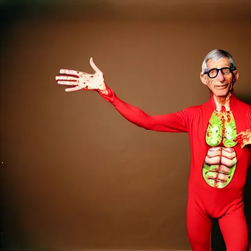 Image similar to uhd photorealisitc candid photo of anthony fauci wearing a bloody slim goodbody costume. correct coostume. correct face, accurate face. photo by annie leibowitz and steve mccurry