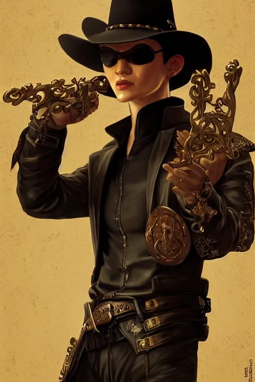 Image similar to portrait of Neo from The Matrix wearing a cowboy hat and a big ornate golden belt buckle, D&D, fantasy, highly detailed, digital painting, artstation, concept art, smooth, sharp focus, illustration, art by artgerm and greg rutkowski and alphonse mucha