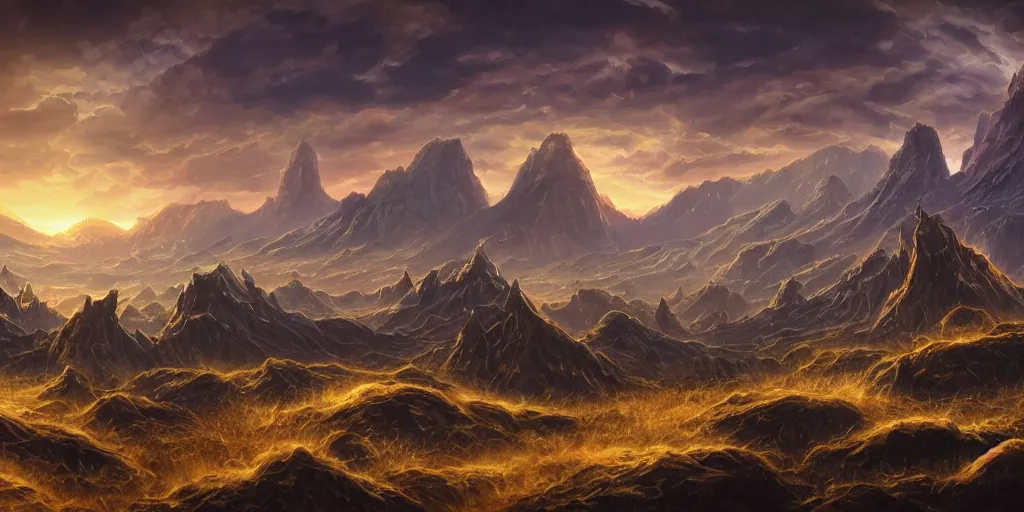 Prompt: The eldritch landscape with mountains in the background, Sci-Fi fantasy desktop wallpaper, painted, 4k, high detail, sharp focus