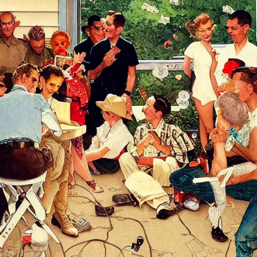 Image similar to an iconic beautiful illustration by norman rockwell of a group of friends gathering around to watch a slideshow pictures from a recent vacation trip, trending on artstation, highly detailed