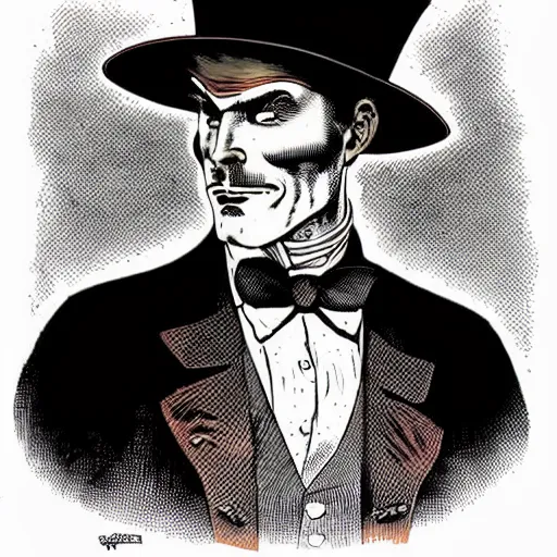 Prompt: portrait of a steampunk cyborg gentleman wearing a red top hat by Brian Bolland