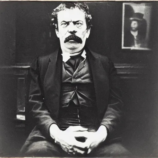 Image similar to close up photo portrait of a 19th century brutal angry gangster by Diane Arbus and Louis Daguerre